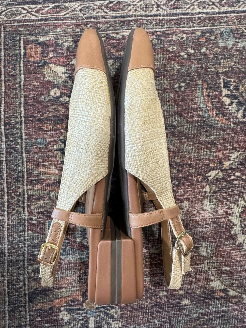 Vionic Petaluma Slingback Cap-Toe Flats  Woven Raffia Tan Leather 9.5